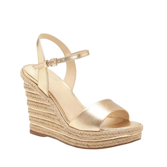 Vince Camuto Shoes - Vince Camuto Gold Espadrille Wedge Sandals Women’s 8.5M Stretch Strap Slip On